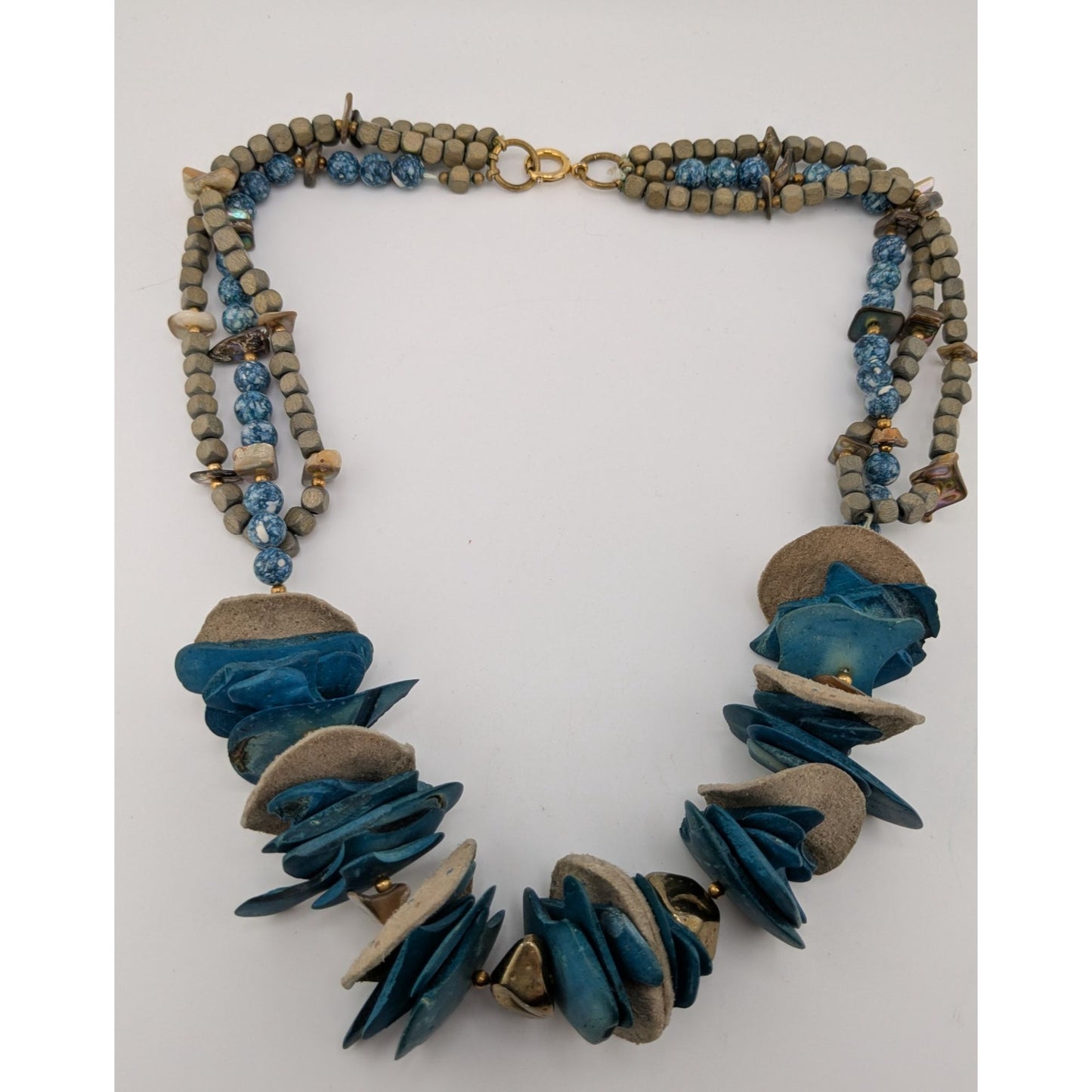 Vintage Bohemian Handmade Necklace With Wood Leather Stone & Shell Accents