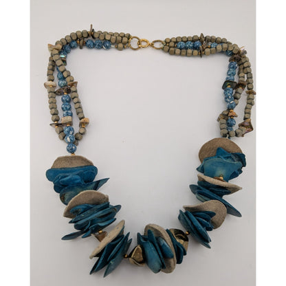 Vintage Bohemian Handmade Necklace With Wood Leather Stone & Shell Accents