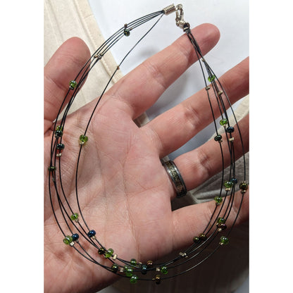 Casual Green And Brown Layered Floating Glass Bead Necklace