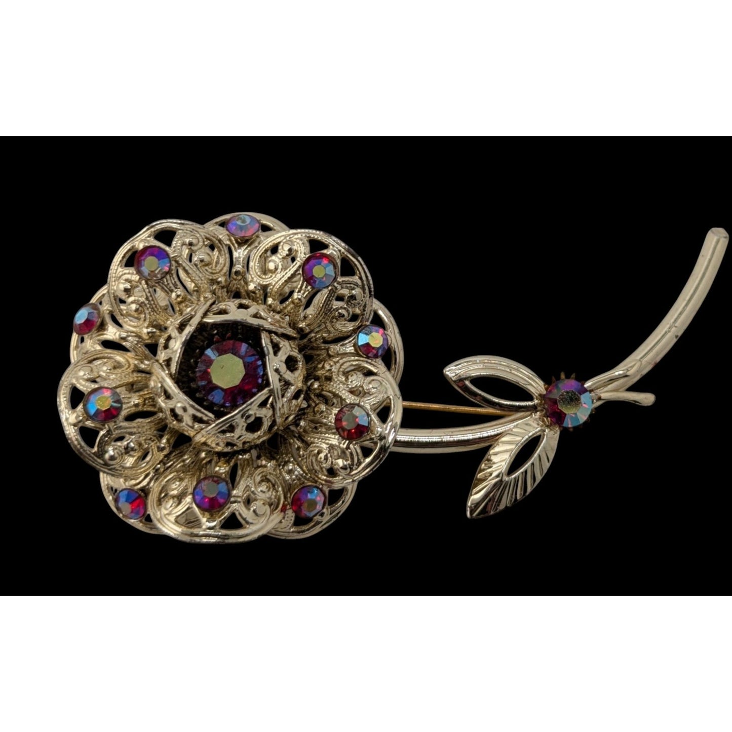 Vintage Sarah Coventry Flower Brooch With Gold Tone Aurora Borealis Rhinestones