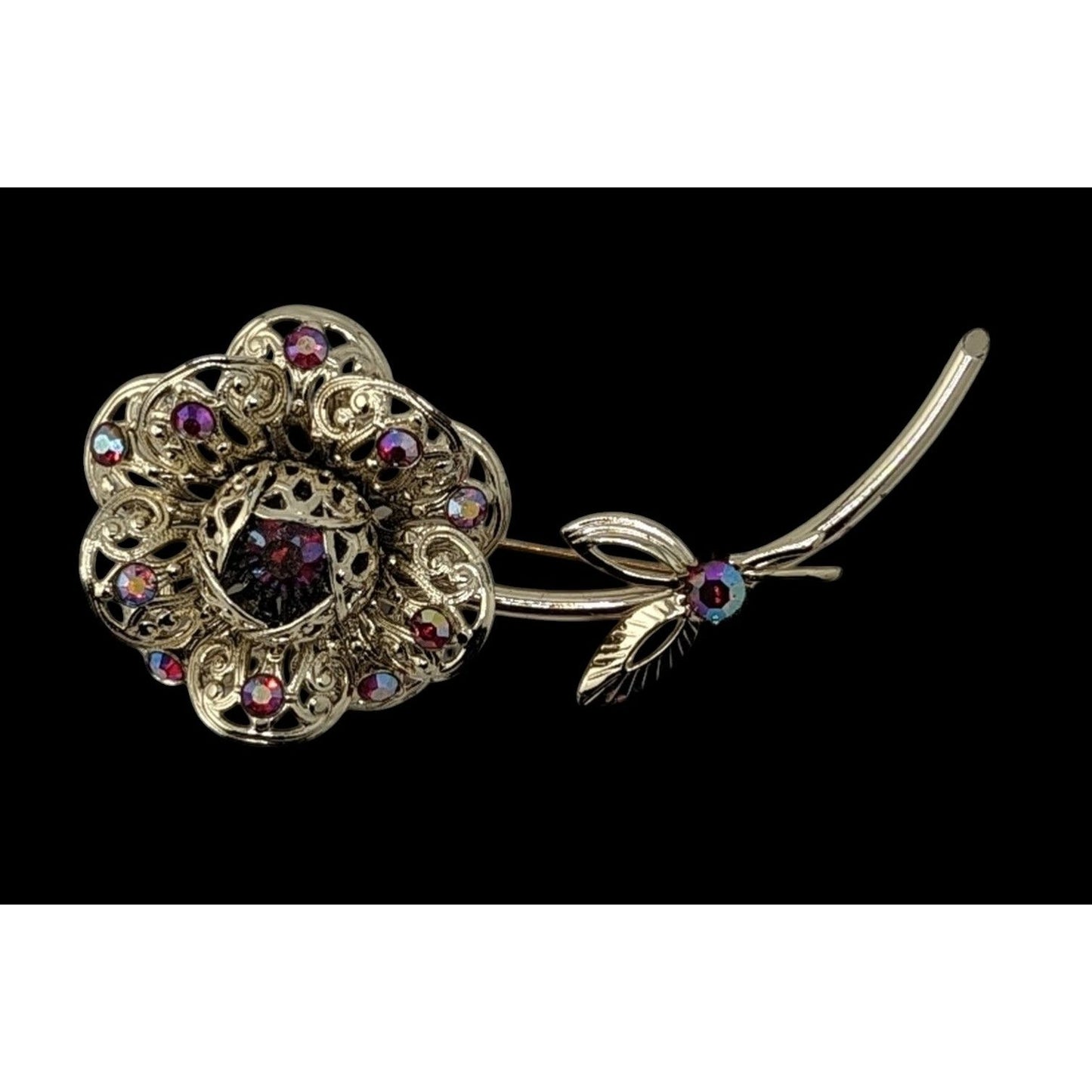 Vintage Sarah Coventry Flower Brooch With Gold Tone Aurora Borealis Rhinestones