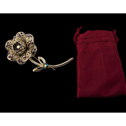 Vintage Sarah Coventry Flower Brooch With Gold Tone Aurora Borealis Rhinestones