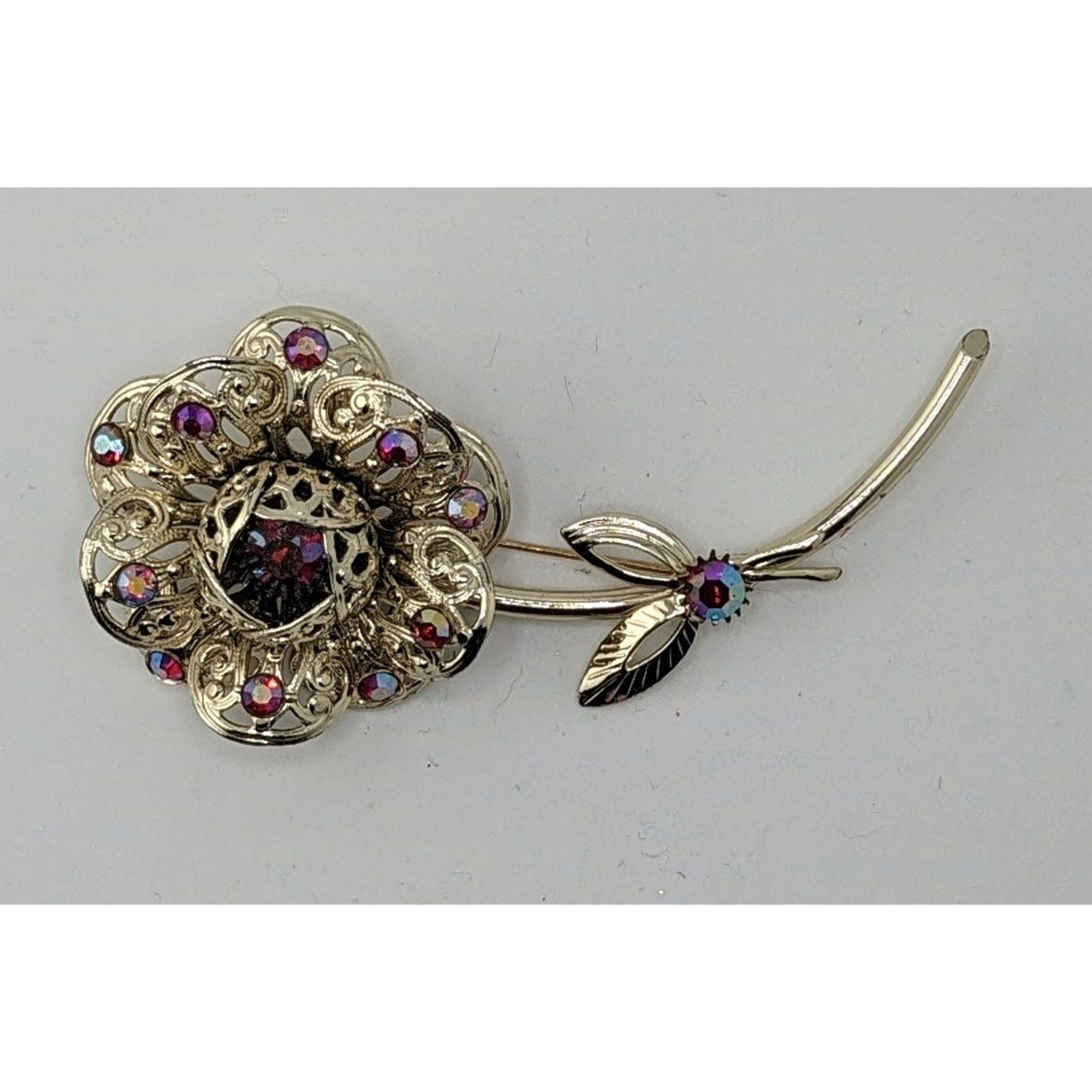 Vintage Sarah Coventry Flower Brooch With Gold Tone Aurora Borealis Rhinestones