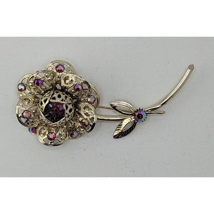 Vintage Sarah Coventry Flower Brooch With Gold Tone Aurora Borealis Rhinestones