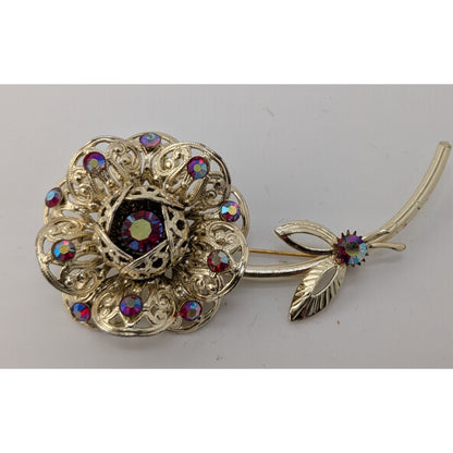 Vintage Sarah Coventry Flower Brooch With Gold Tone Aurora Borealis Rhinestones