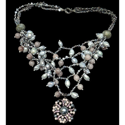 Vintage Elegant Pearl And Agate Beaded Floral Pendant Bib Necklace