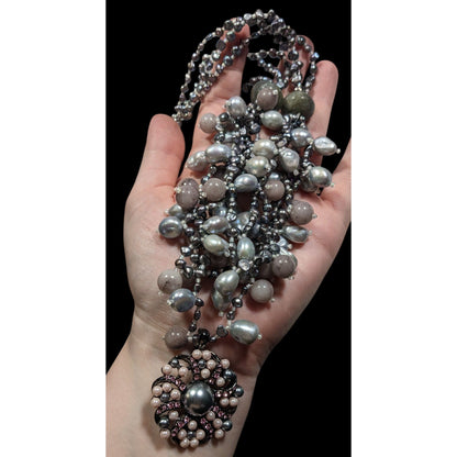 Vintage Elegant Pearl And Agate Beaded Floral Pendant Bib Necklace