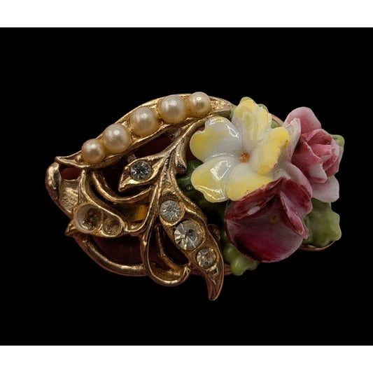 Vintage Coro Floral Brooch Ceramic Flower Rhinestone Faux Pearl Gold Tone Rainbow