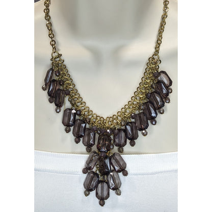 Glam Goth Chunky Beaded Fringe Necklace Y-Drop | Smoky Grey & Gold Retro Statement
