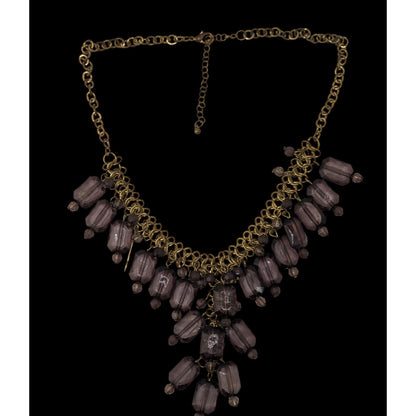 Glam Goth Chunky Beaded Fringe Necklace Y-Drop | Smoky Grey & Gold Retro Statement