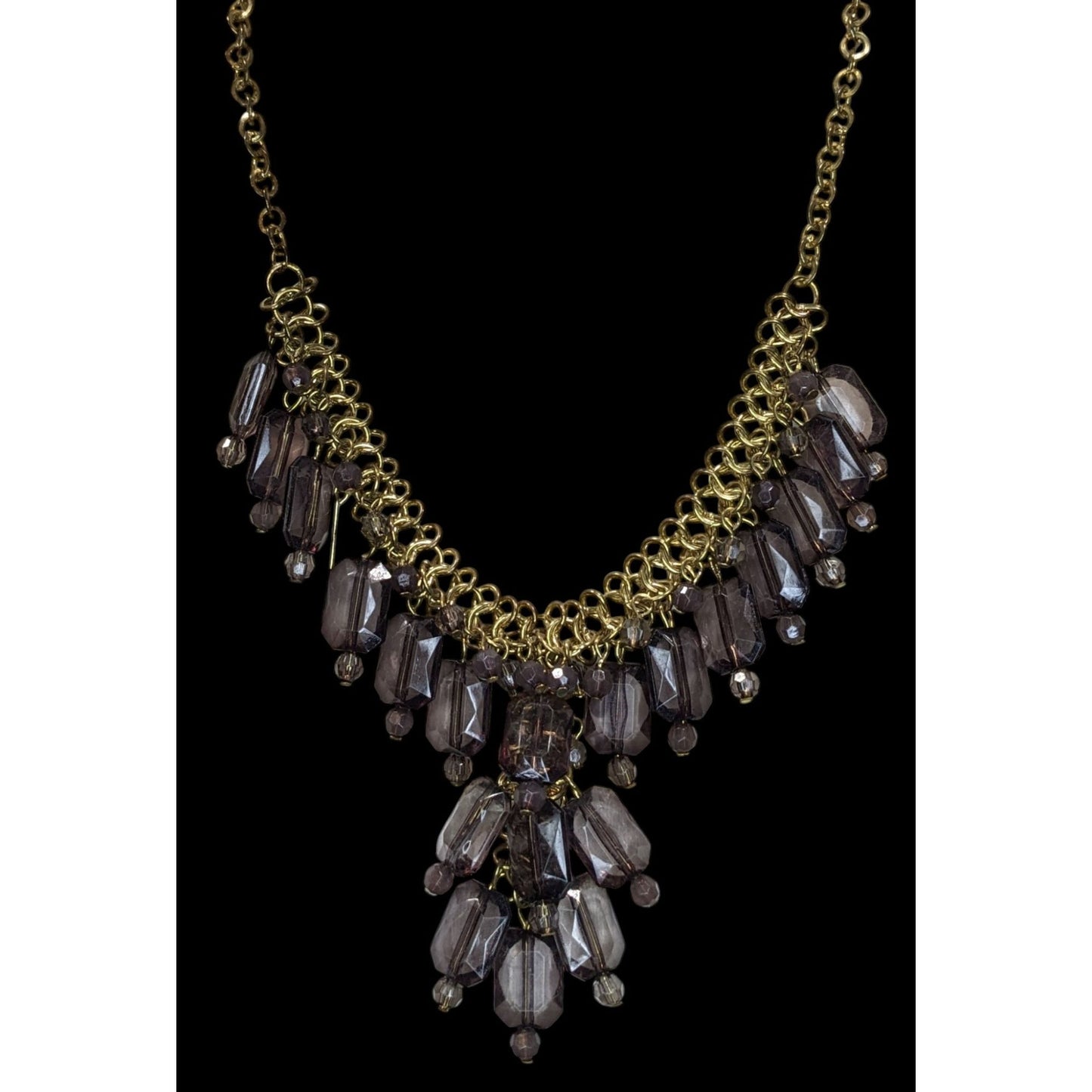 Glam Goth Chunky Beaded Fringe Necklace Y-Drop | Smoky Grey & Gold Retro Statement