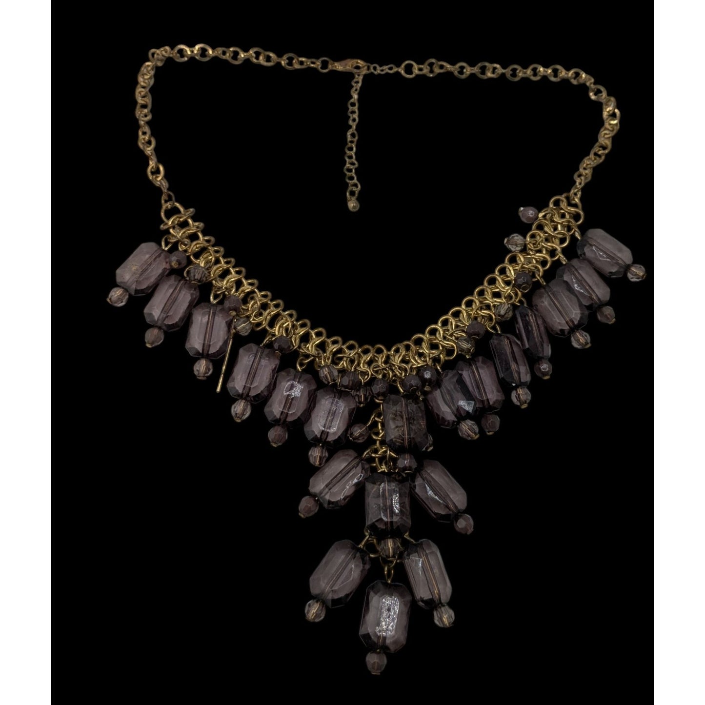 Glam Goth Chunky Beaded Fringe Necklace Y-Drop | Smoky Grey & Gold Retro Statement
