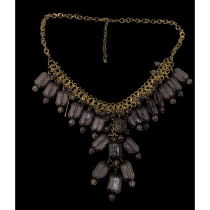 Glam Goth Chunky Beaded Fringe Necklace Y-Drop | Smoky Grey & Gold Retro Statement