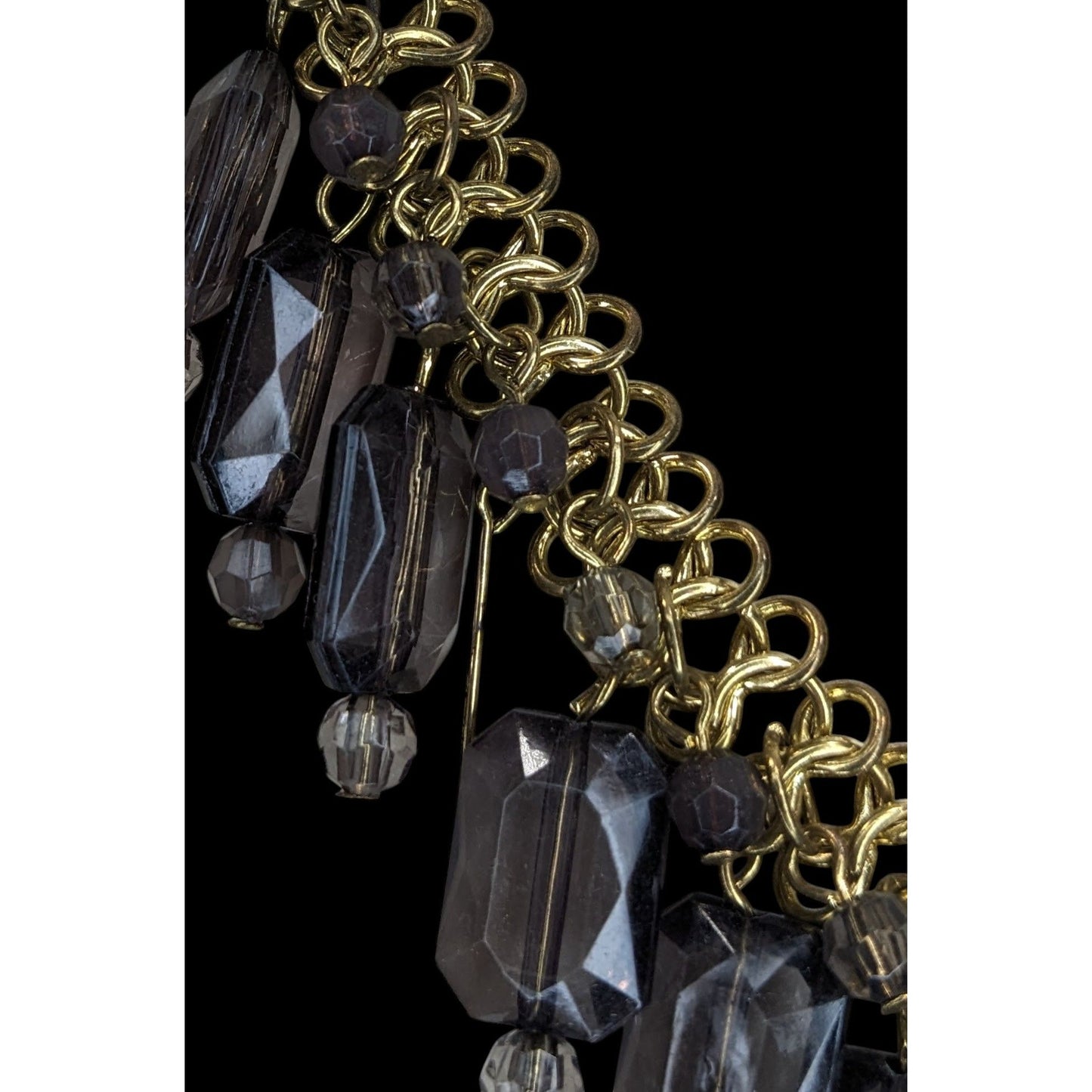 Glam Goth Chunky Beaded Fringe Necklace Y-Drop | Smoky Grey & Gold Retro Statement