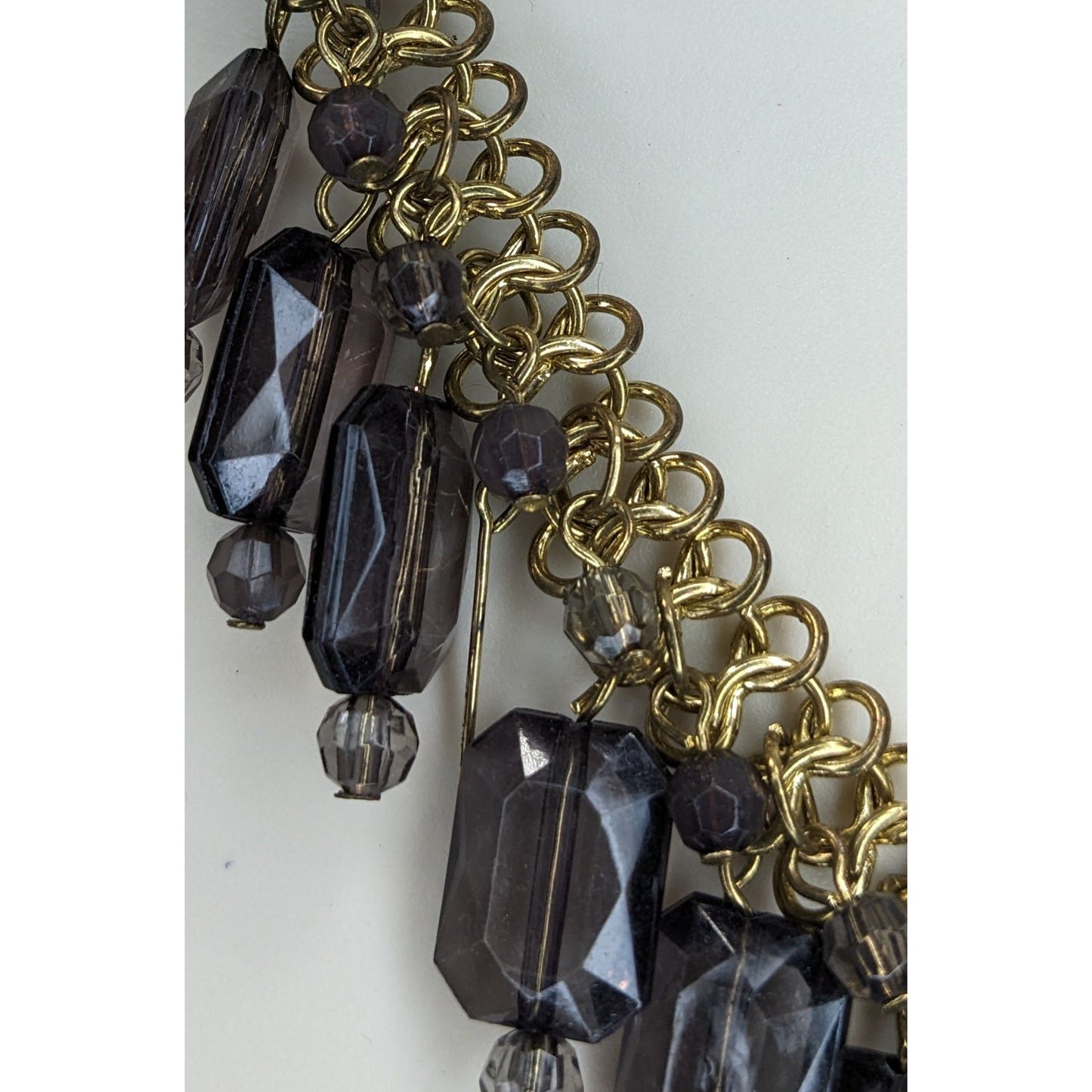 Glam Goth Chunky Beaded Fringe Necklace Y-Drop | Smoky Grey & Gold Retro Statement