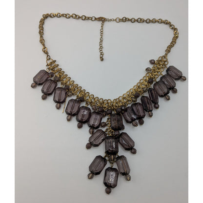 Glam Goth Chunky Beaded Fringe Necklace Y-Drop | Smoky Grey & Gold Retro Statement