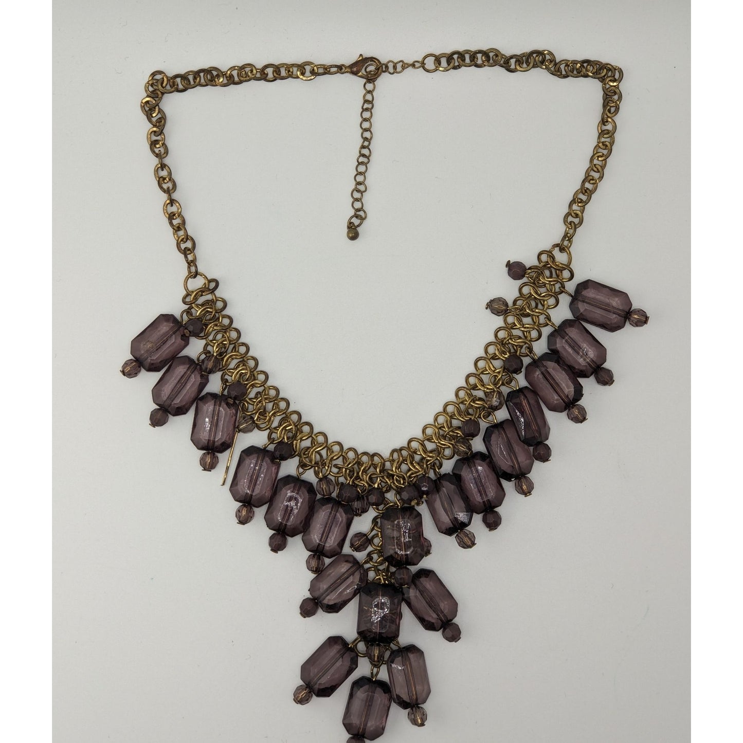 Glam Goth Chunky Beaded Fringe Necklace Y-Drop | Smoky Grey & Gold Retro Statement