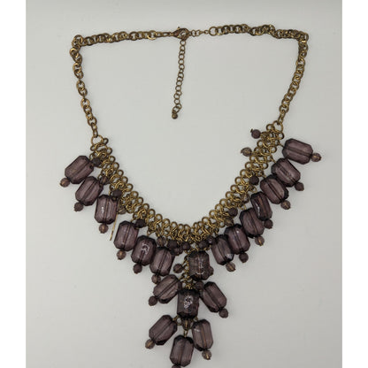 Glam Goth Chunky Beaded Fringe Necklace Y-Drop | Smoky Grey & Gold Retro Statement