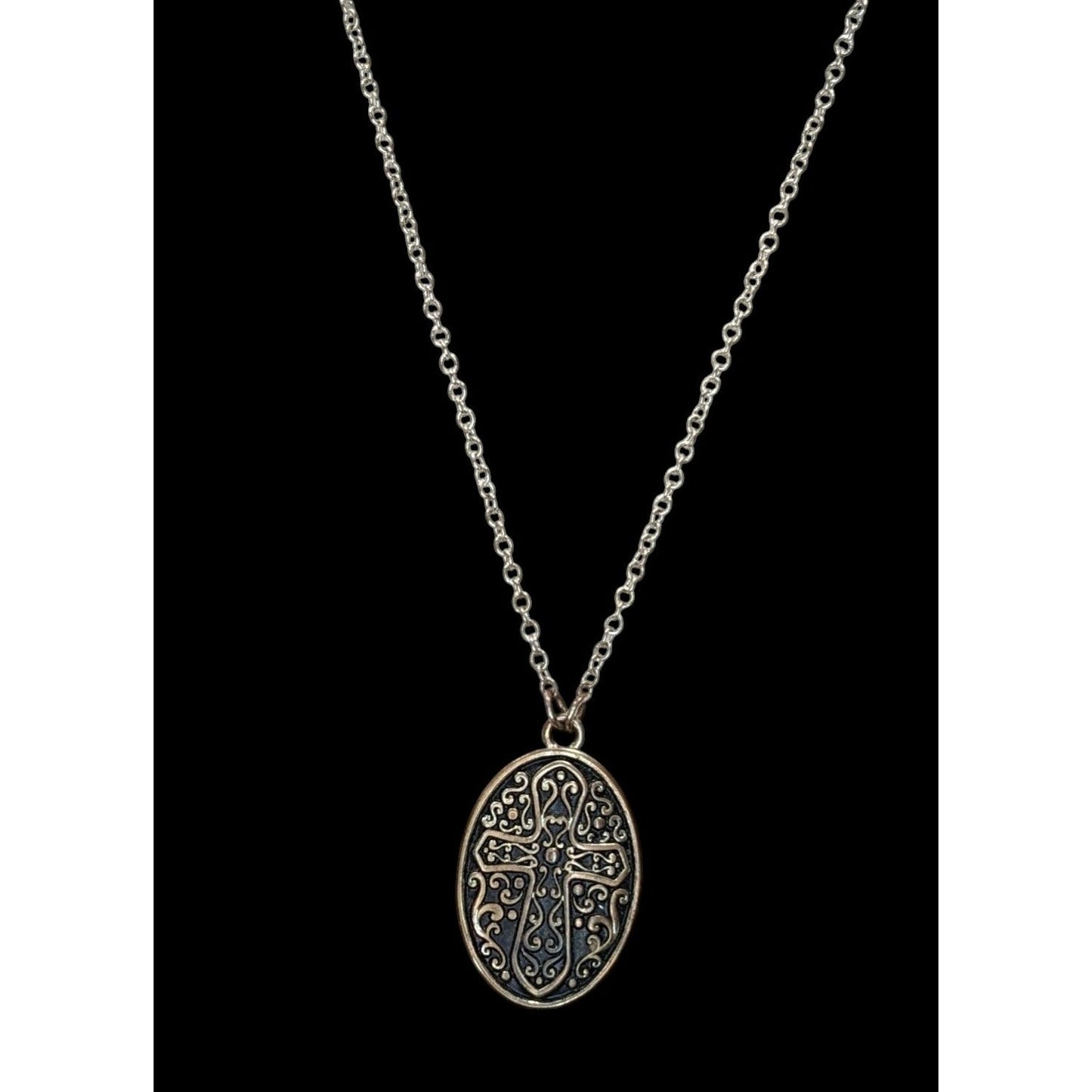 Vintage Silver Tone Oval Cross Pendant Photo Holder Necklace