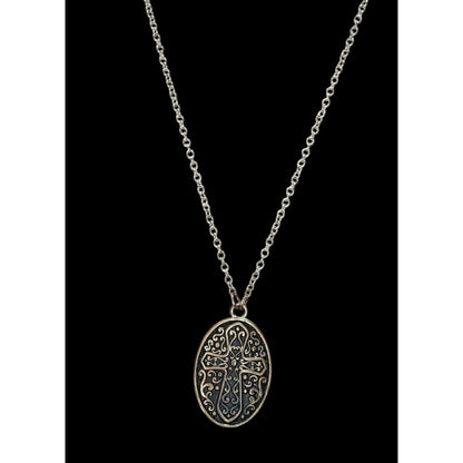 Vintage Silver Tone Oval Cross Pendant Photo Holder Necklace