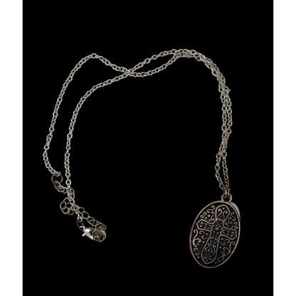 Vintage Silver Tone Oval Cross Pendant Photo Holder Necklace