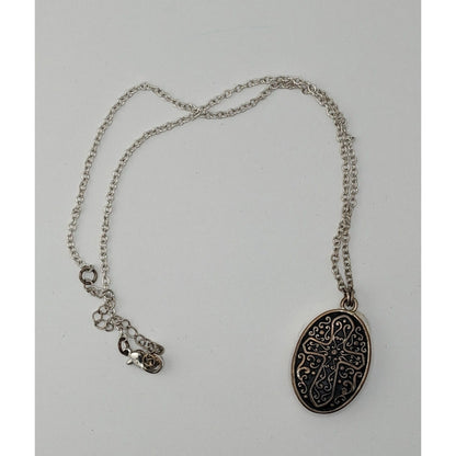 Vintage Silver Tone Oval Cross Pendant Photo Holder Necklace