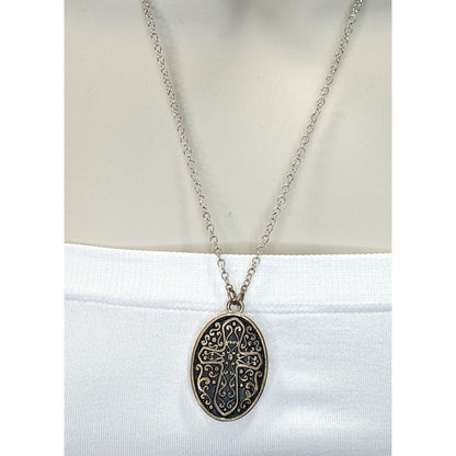 Vintage Silver Tone Oval Cross Pendant Photo Holder Necklace