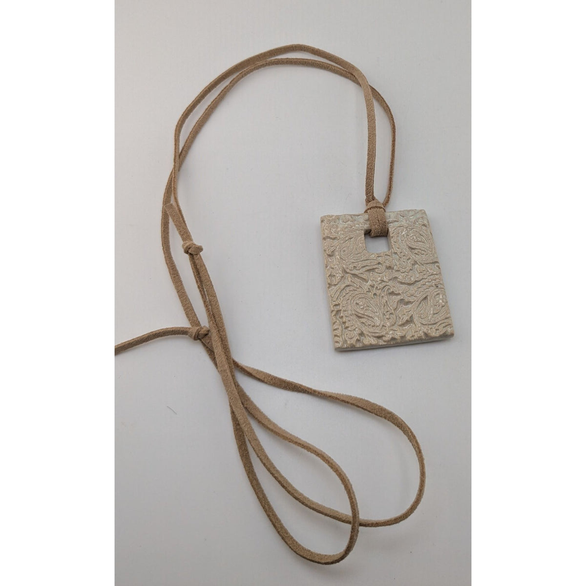 Boho Artisan Handmade Ceramic Beige Paisley Pendant Necklace 26 Inch