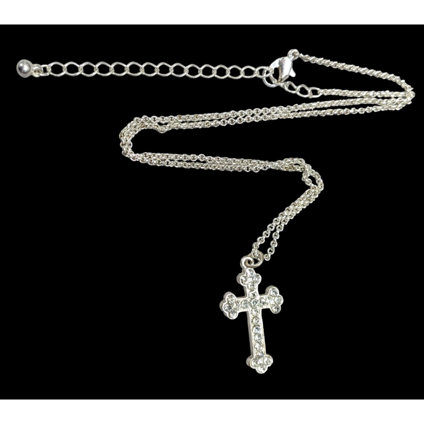 Sparkly Rhinestone Cross Pendant On Silver Tone Chain