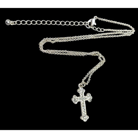 Sparkly Rhinestone Cross Pendant On Silver Tone Chain