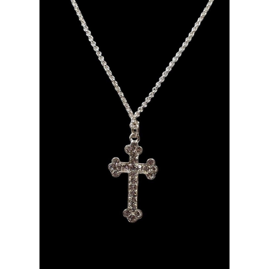 Sparkly Rhinestone Cross Pendant On Silver Tone Chain