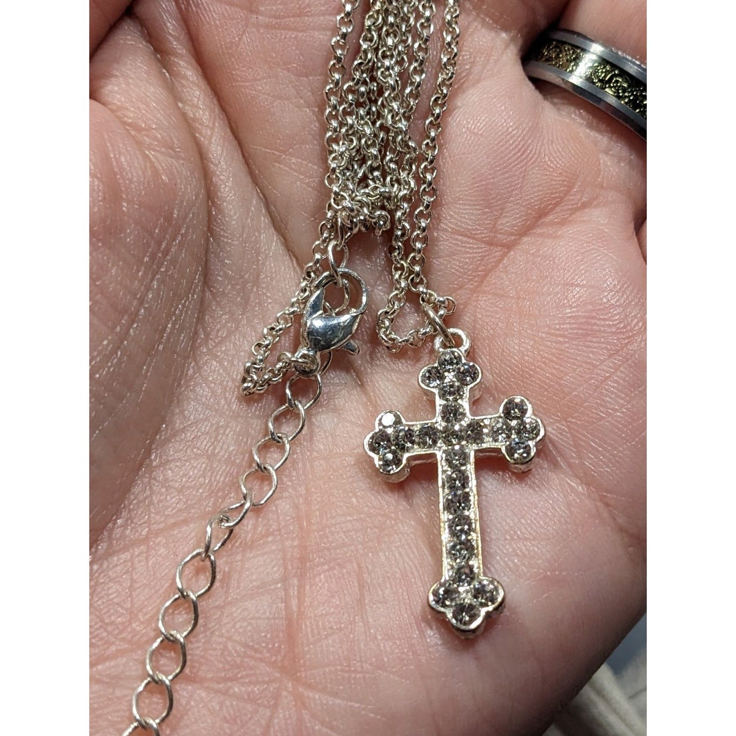 Sparkly Rhinestone Cross Pendant On Silver Tone Chain