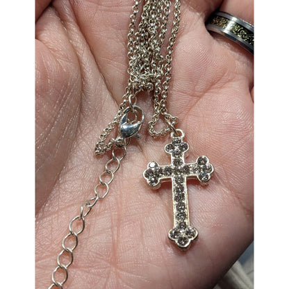Sparkly Rhinestone Cross Pendant On Silver Tone Chain
