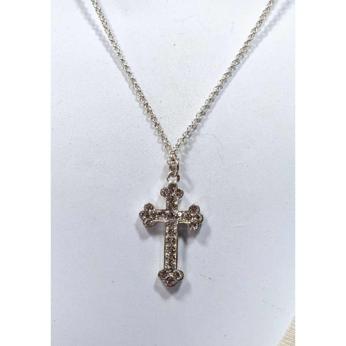 Sparkly Rhinestone Cross Pendant On Silver Tone Chain