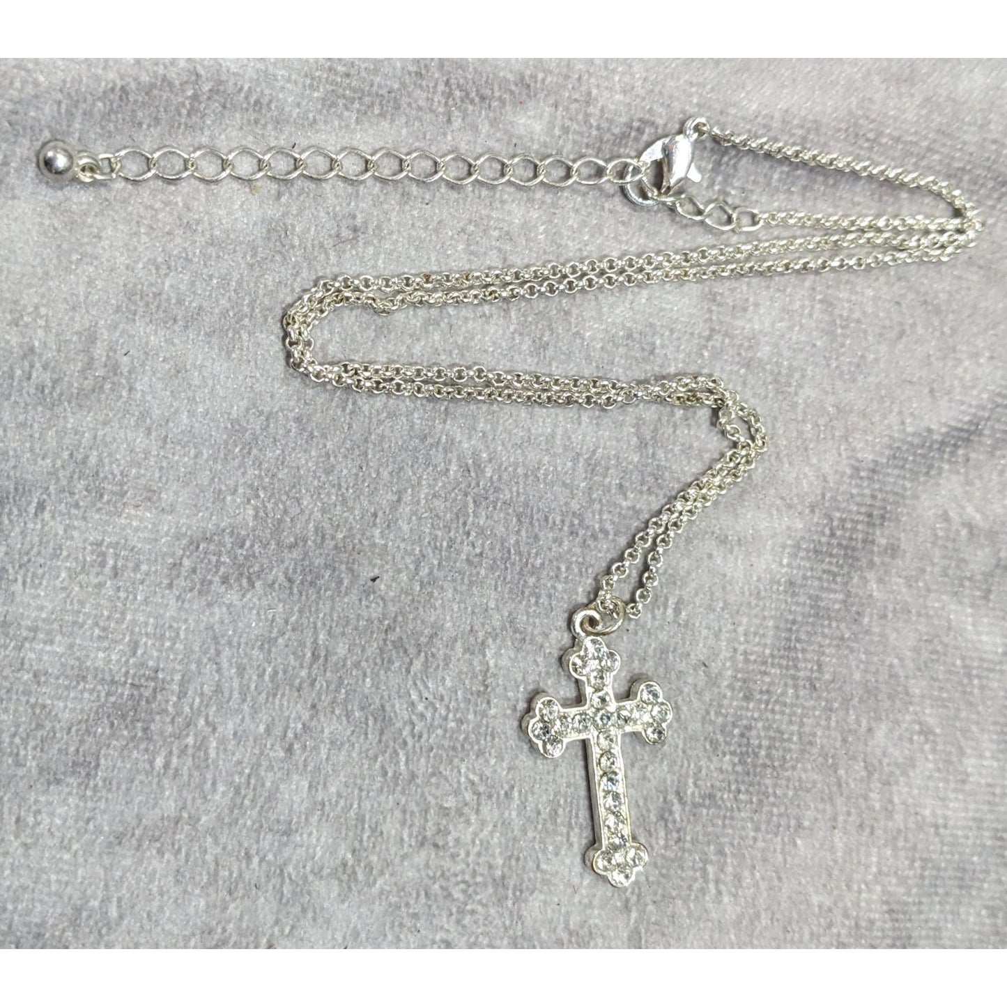 Sparkly Rhinestone Cross Pendant On Silver Tone Chain