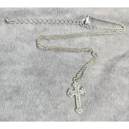 Sparkly Rhinestone Cross Pendant On Silver Tone Chain