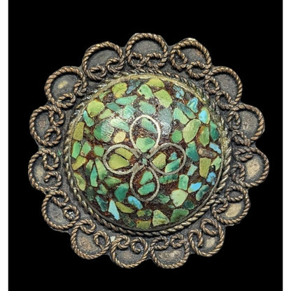 Vintage Turquoise Chip Micro Mosaic Floral Brooch