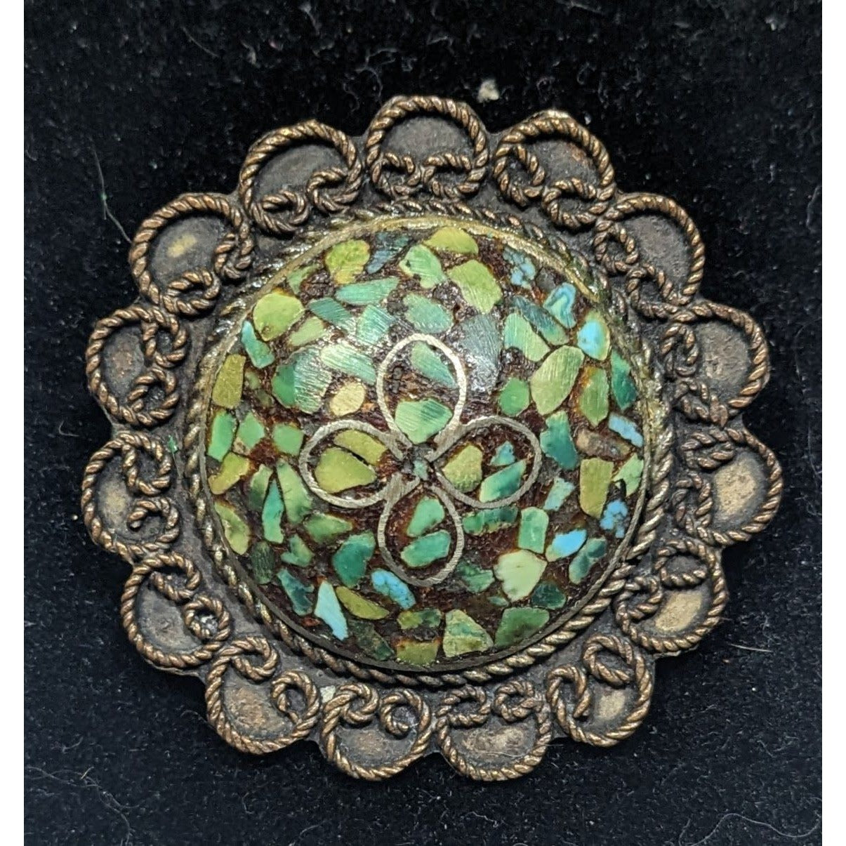 Vintage Turquoise Chip Micro Mosaic Floral Brooch