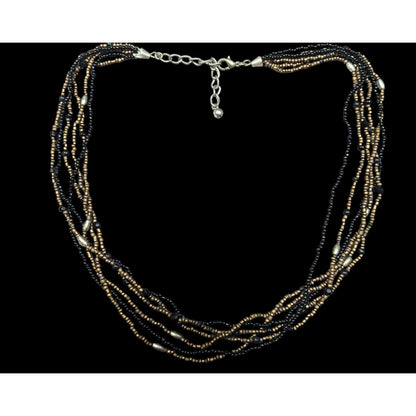 Elegant Black And Gold Tone Glass Beaded Multilayer Necklace