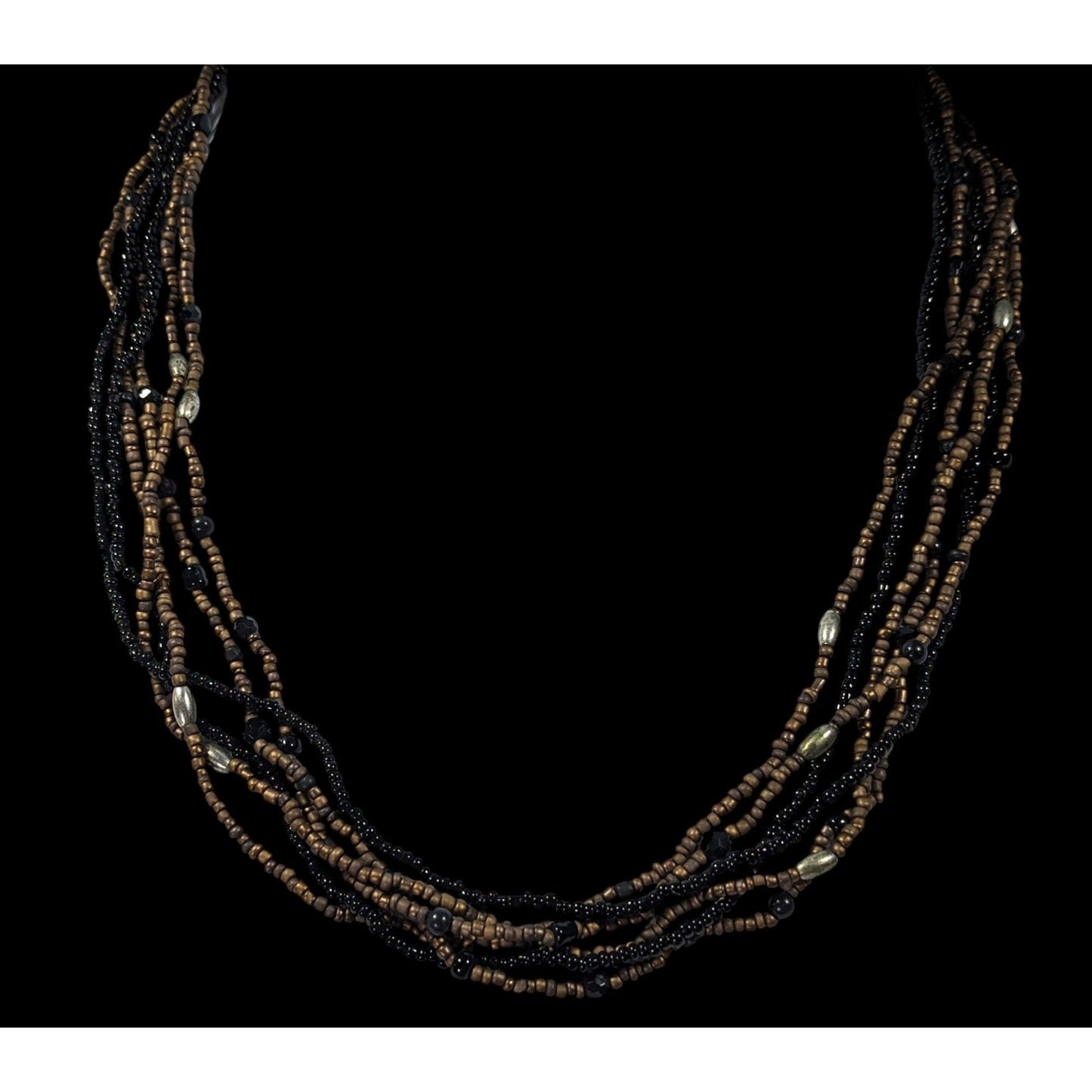 Elegant Black And Gold Tone Glass Beaded Multilayer Necklace