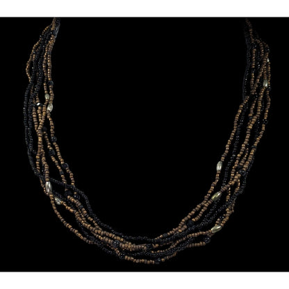 Elegant Black And Gold Tone Glass Beaded Multilayer Necklace
