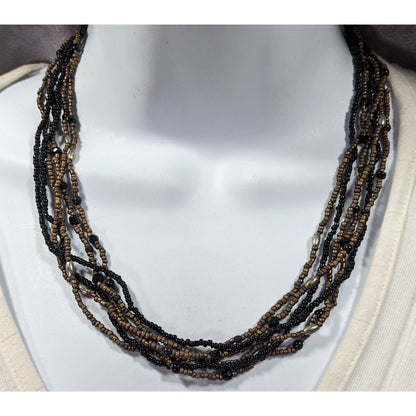 Elegant Black And Gold Tone Glass Beaded Multilayer Necklace