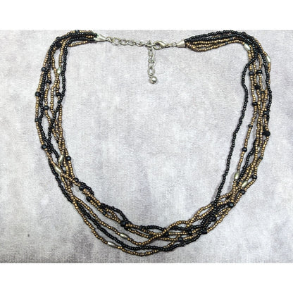 Elegant Black And Gold Tone Glass Beaded Multilayer Necklace