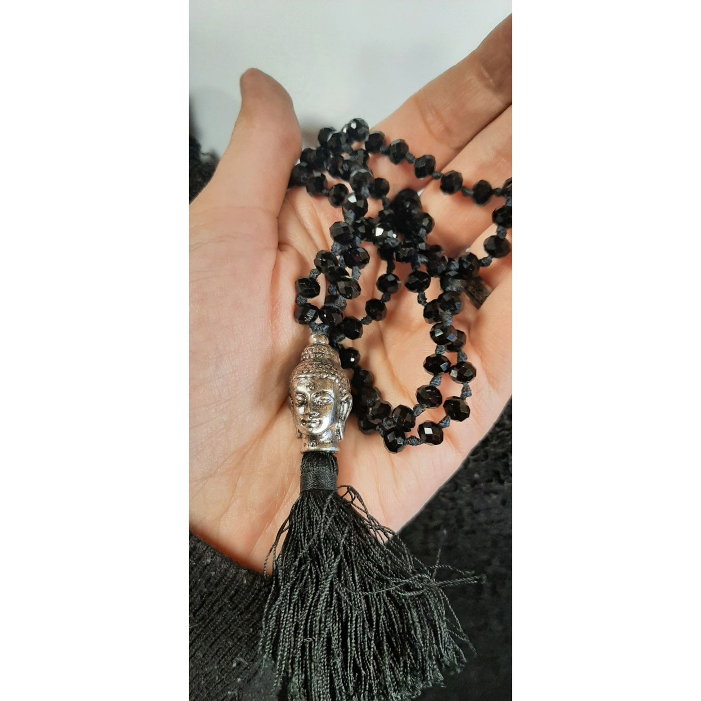 Indie Buddha Pendant Black Beaded Necklace With Tassel
