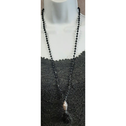 Indie Buddha Pendant Black Beaded Necklace With Tassel