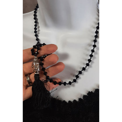 Indie Buddha Pendant Black Beaded Necklace With Tassel