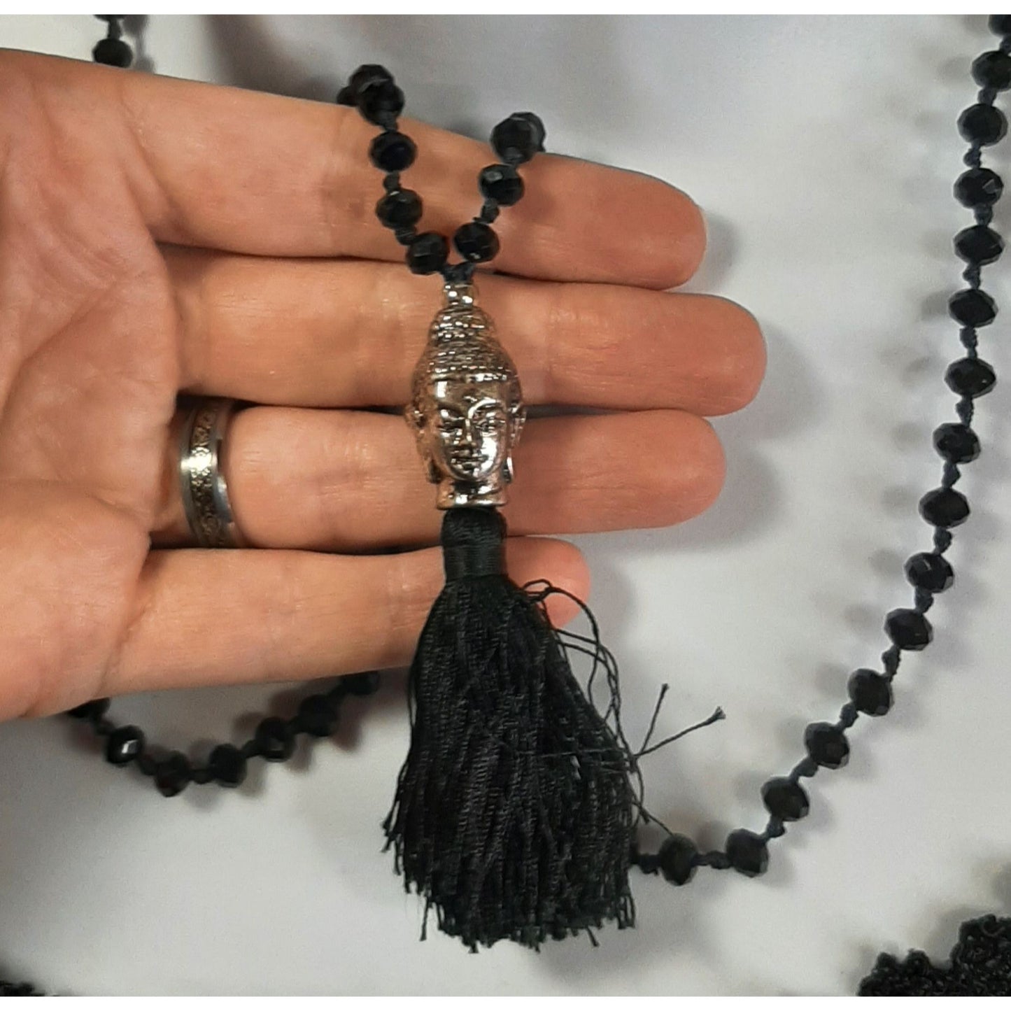Indie Buddha Pendant Black Beaded Necklace With Tassel