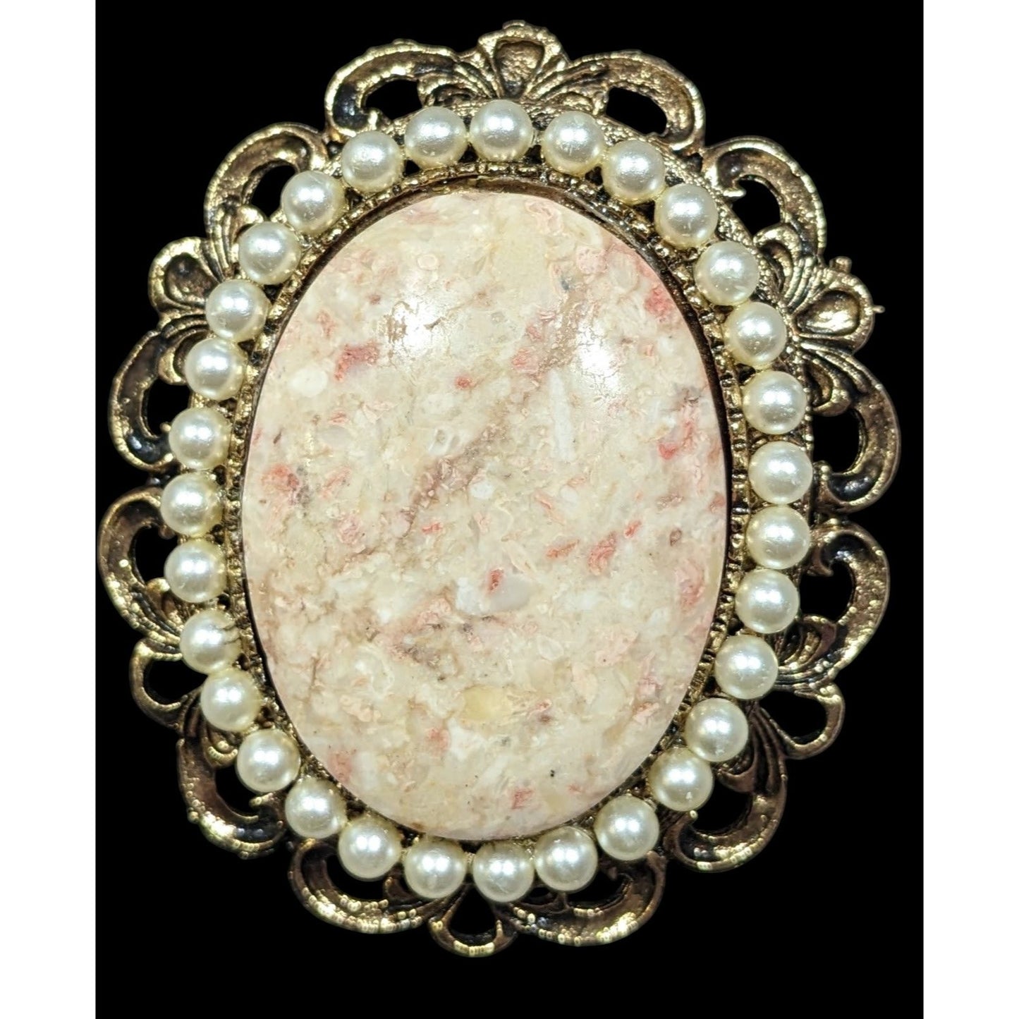 Vintage Victorian Style Gold Tone With Pink/White Agate Brooch