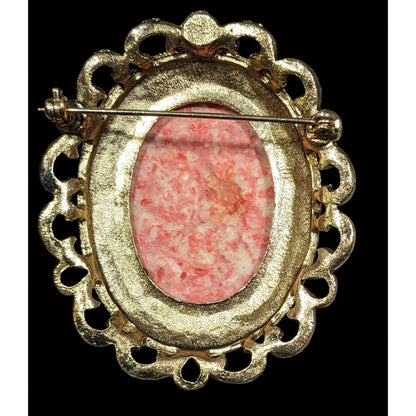 Vintage Victorian Style Gold Tone With Pink/White Agate Brooch