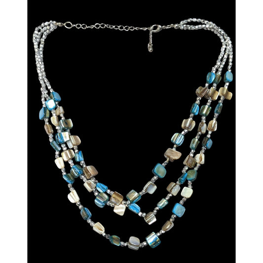 Mermaidcore Blue And Silver Tone Layered Shell Beaded Necklace